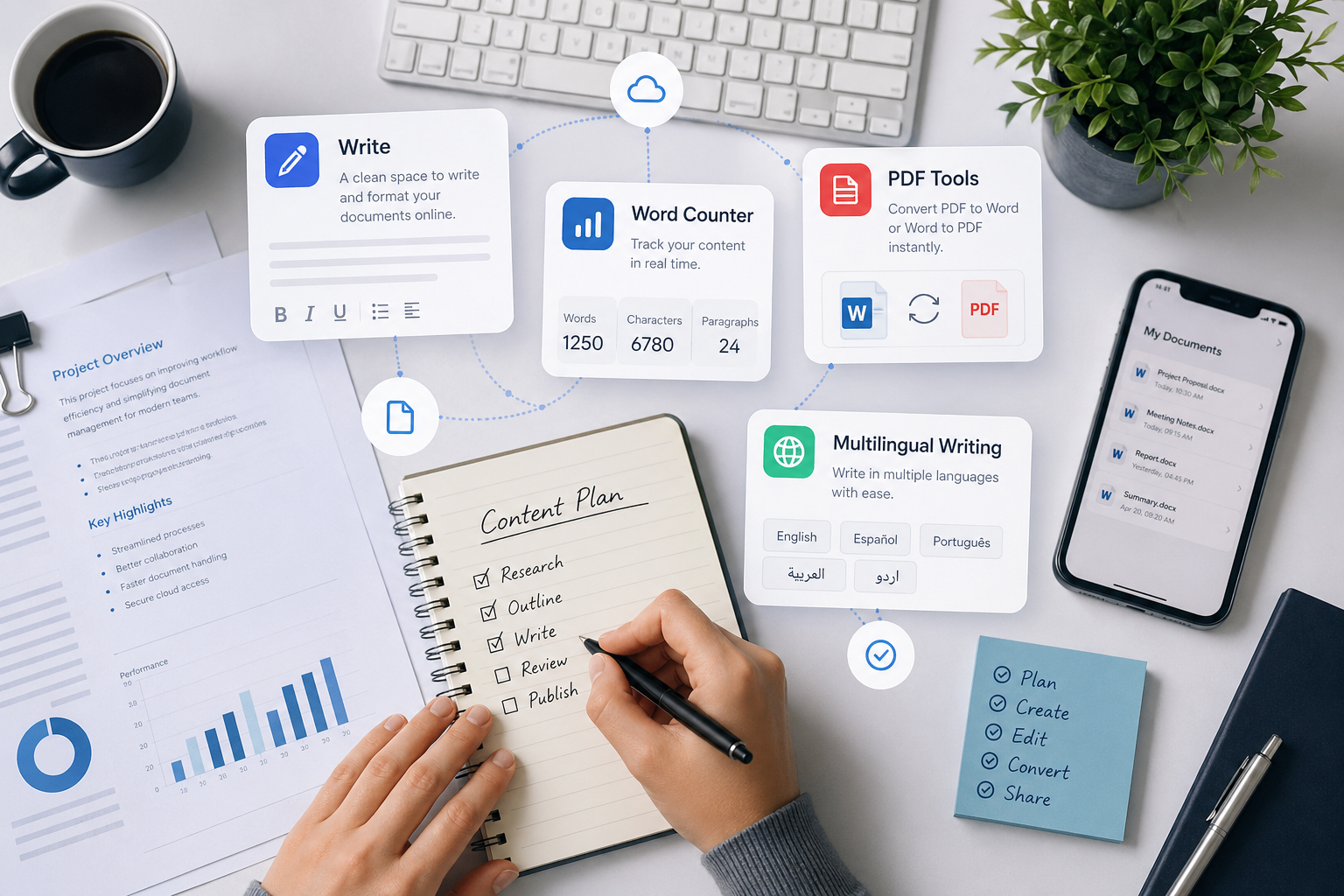 Laptop with online document editor and digital workflow tools on a modern desk