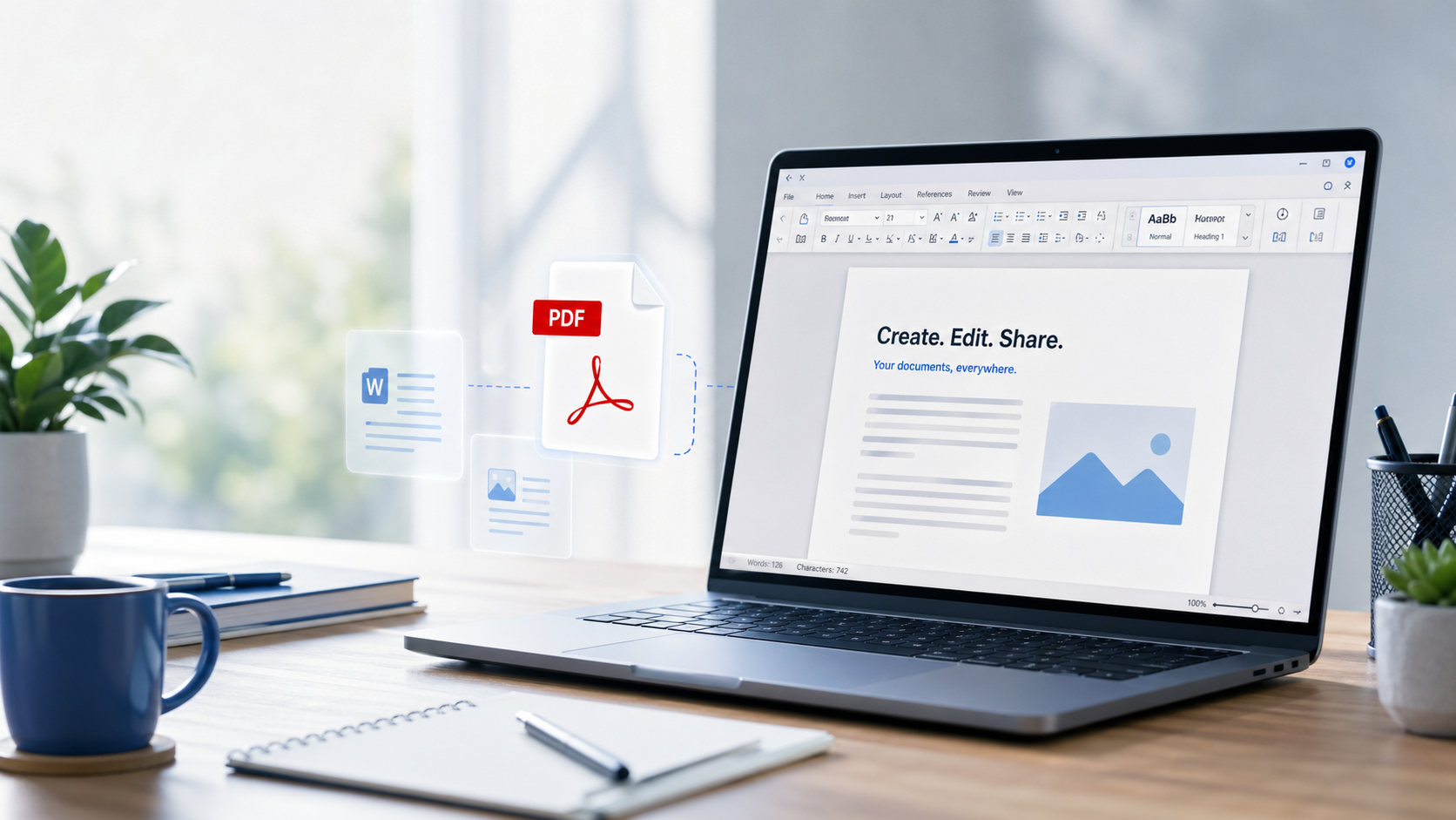 Visual showing the Word Online tool family including editor, word counter, and file conversion tools